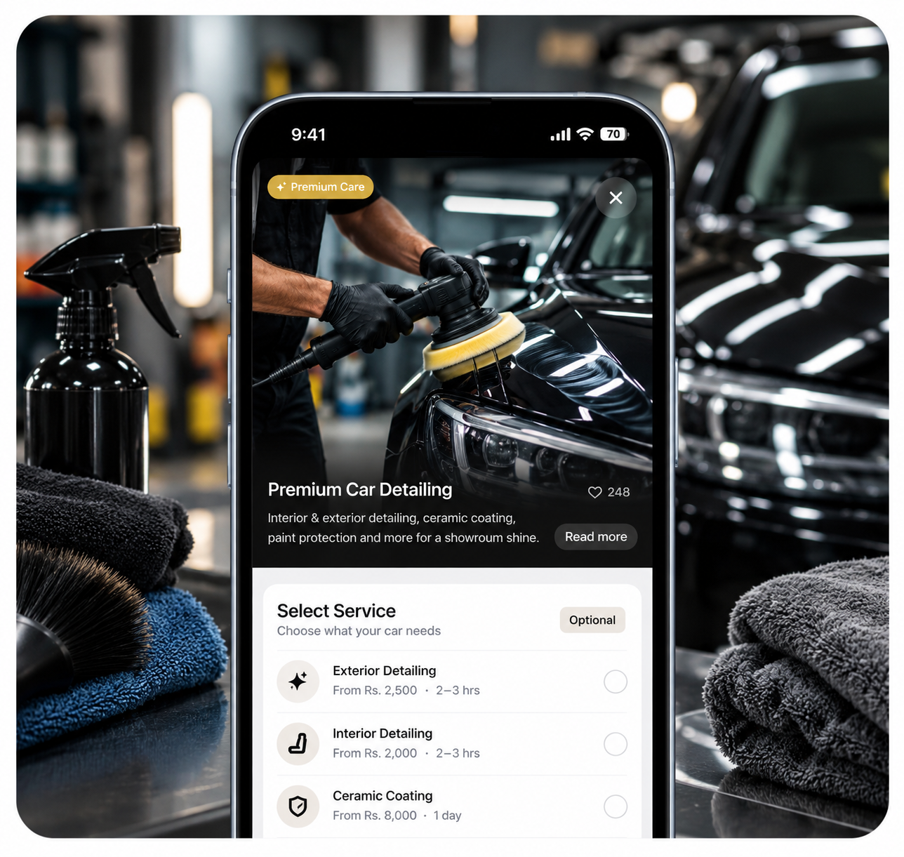 Bookdshop app — Premium Car Detailing booking screen
